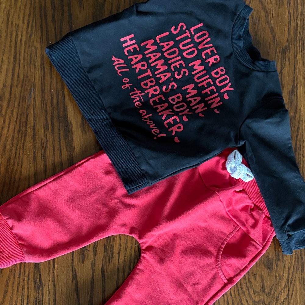 Black Sweatshirt & Red Joggers Baby Set with Graphic Text